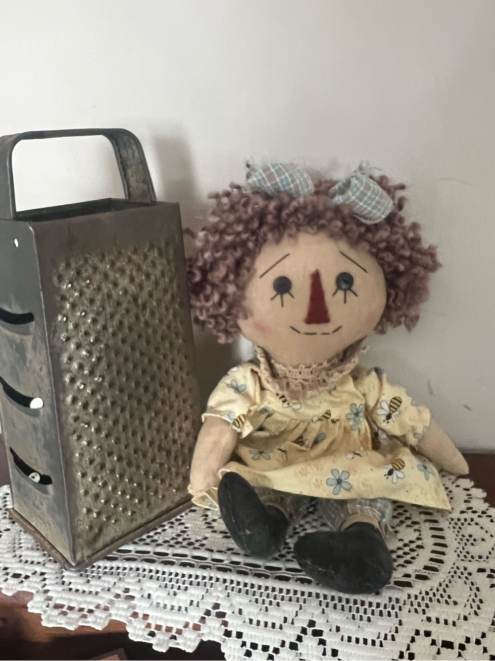 Hand Crafted Rag Doll in Cream and Brown with Blue Accents, signed by artist